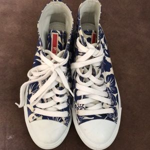 PRADA 3T5731 FLORAL LEATHER CANVAS HIGH TOPS 35.5